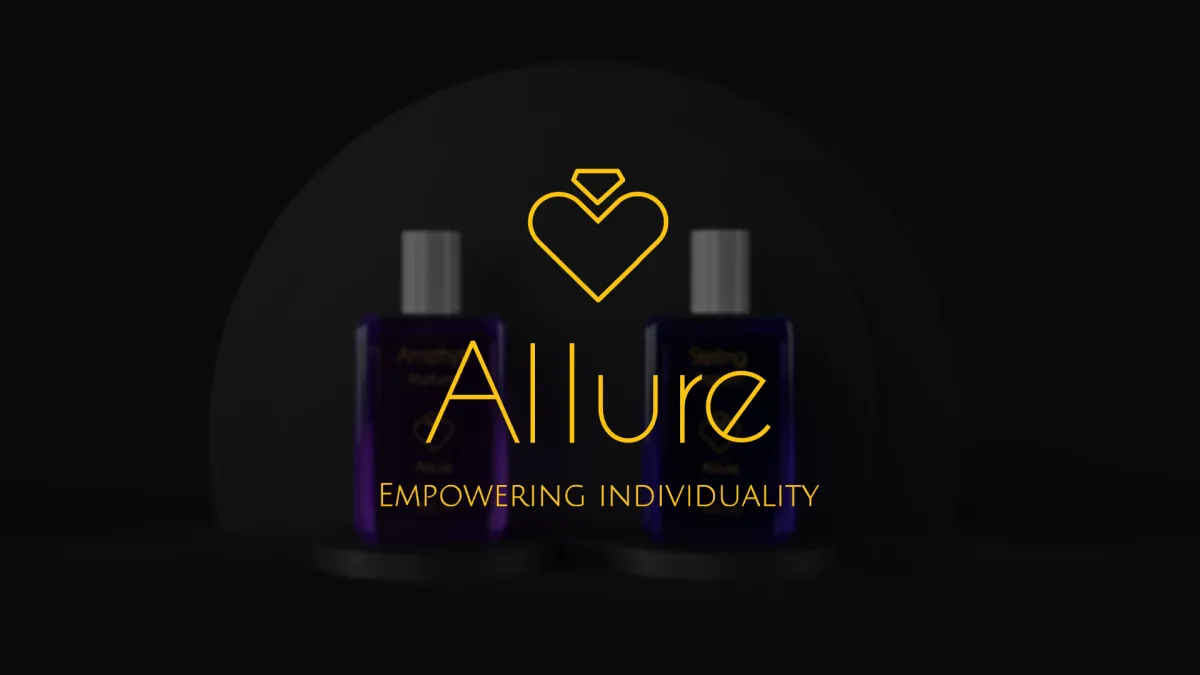 Allure wordmark in gold with heart-diamond icon on deep black background, two perfume bottles blurred behind