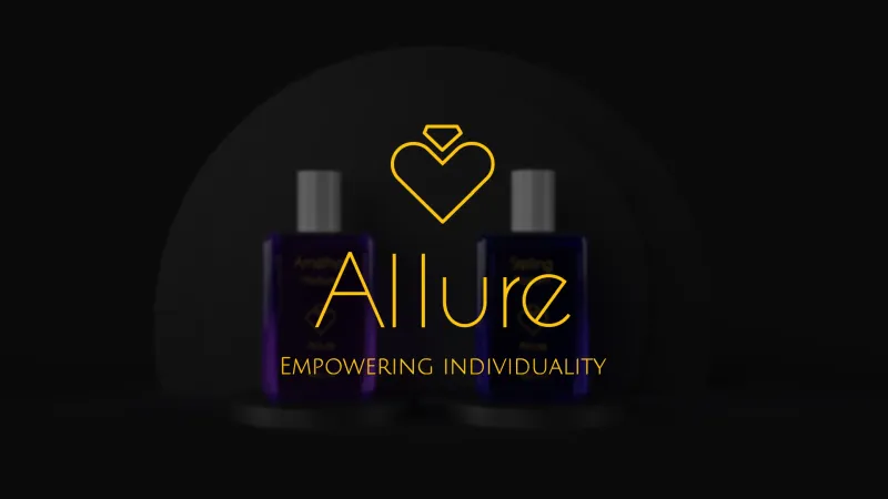 Allure wordmark in gold with heart-diamond icon on deep black background, two perfume bottles blurred behind