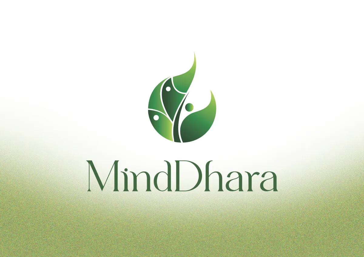 MindDhara wordmark in dark forest green with organic leaf-and-figure icon on a white-to-green gradient background