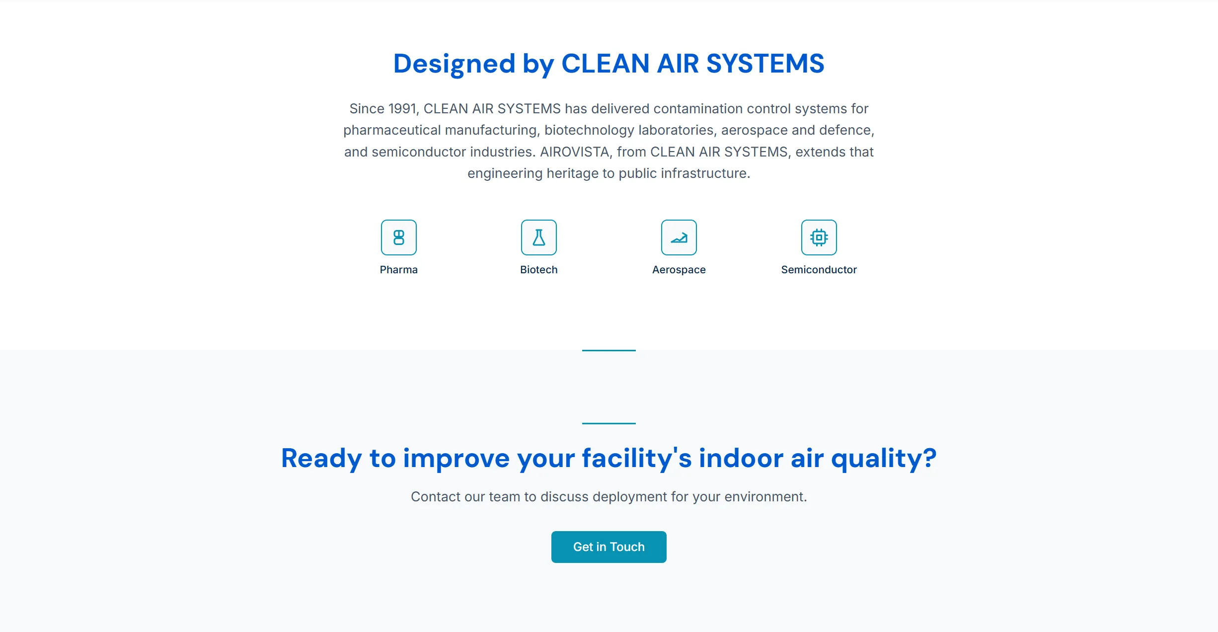 Clean Air Systems credentials section showing 35 years of industry heritage across pharma, biotech, aerospace, and semiconductor sectors