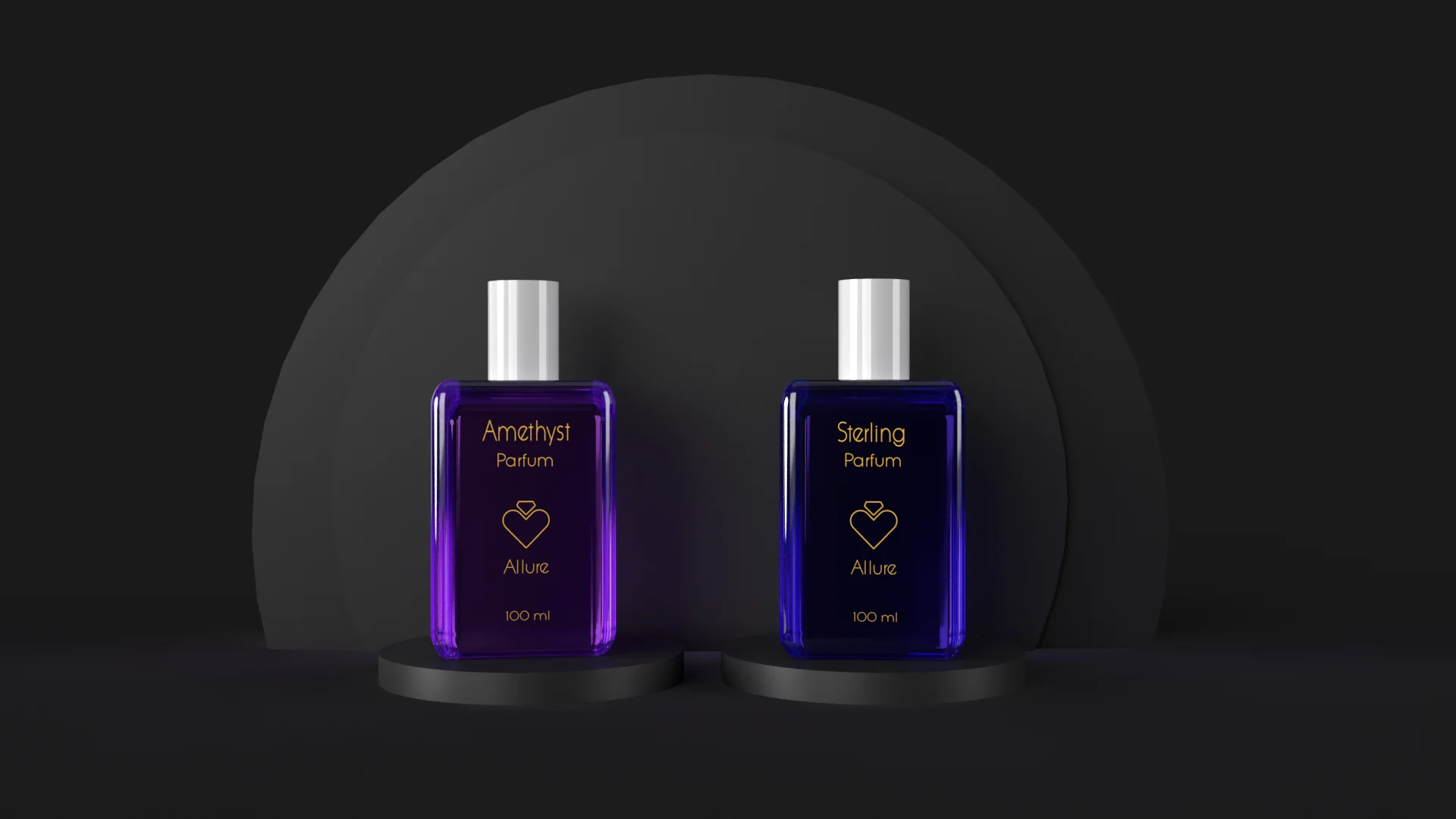 Amethyst and Sterling parfum bottles in deep purple and cobalt blue on pedestal stands against a dark background with concentric arc lighting
