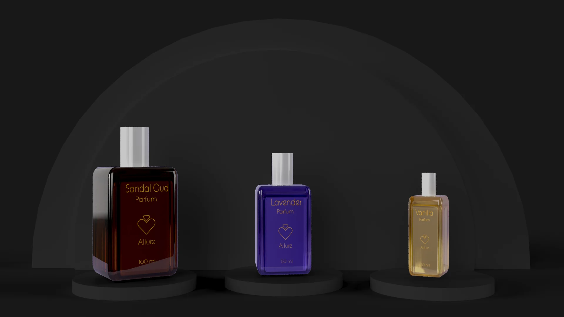 Three Allure parfum bottles at different sizes — Sandal Oud in amber, Lavender in purple, Vanilla in gold-yellow — showing the label system across formats