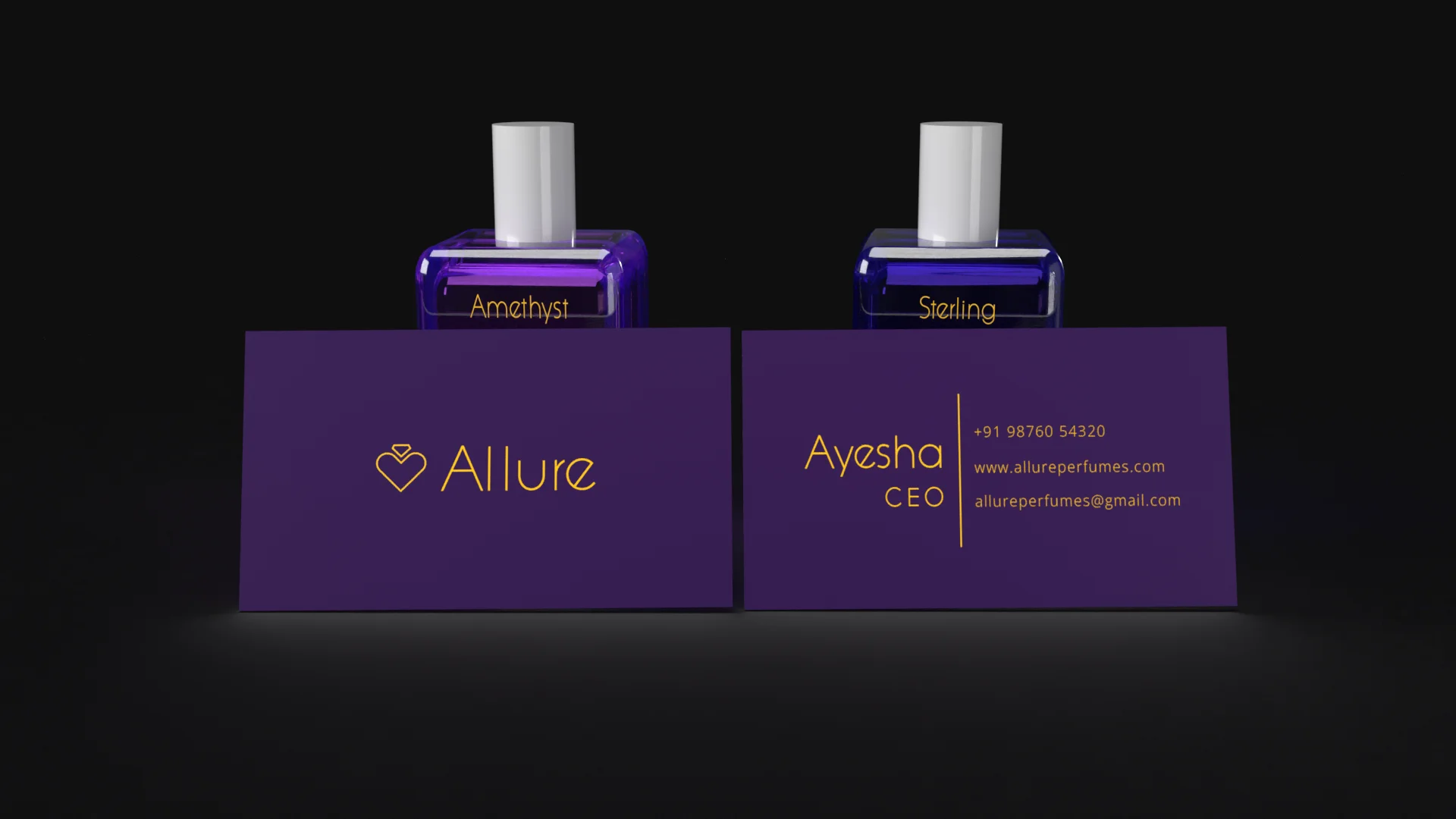 Allure business card front and back — front shows gold wordmark on deep purple, back shows contact details with gold vertical rule divider