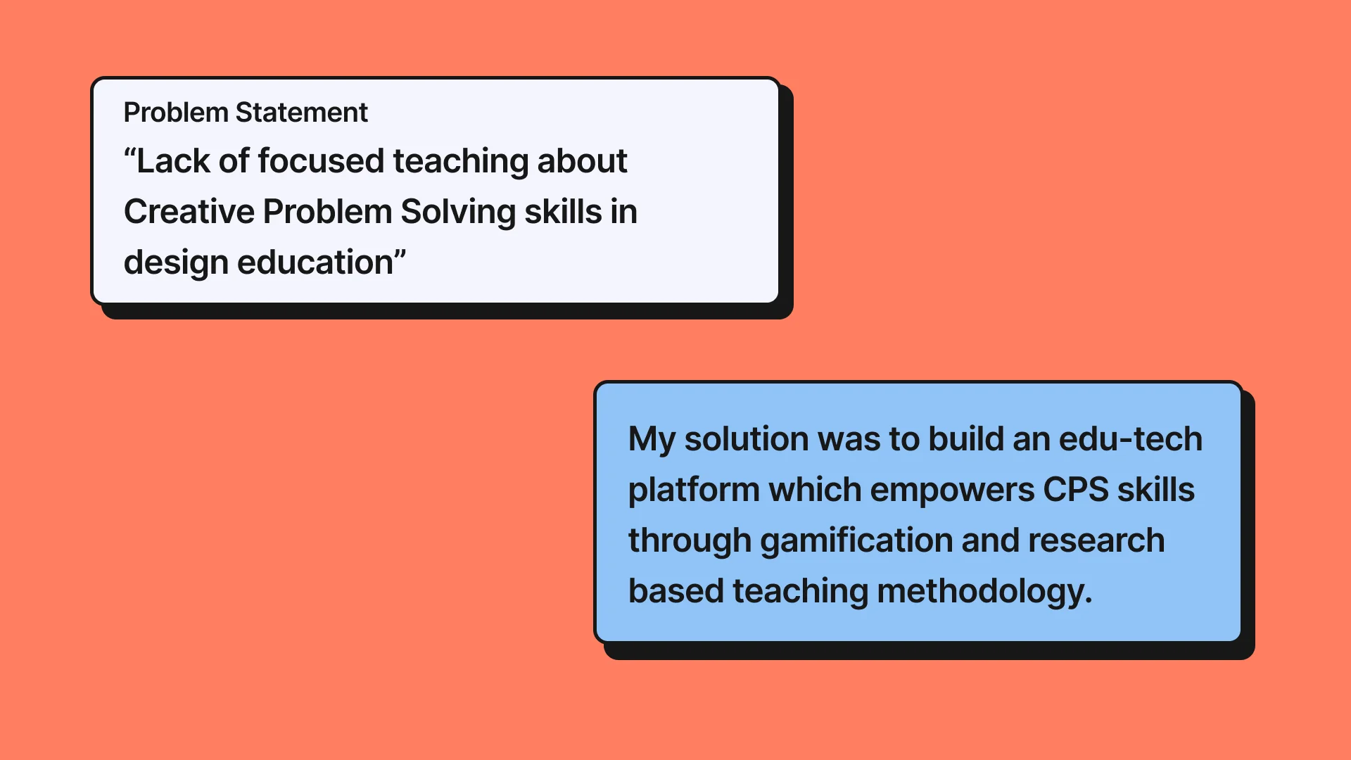 Two summary cards — problem statement and solution — showing the complete arc from research to working product
