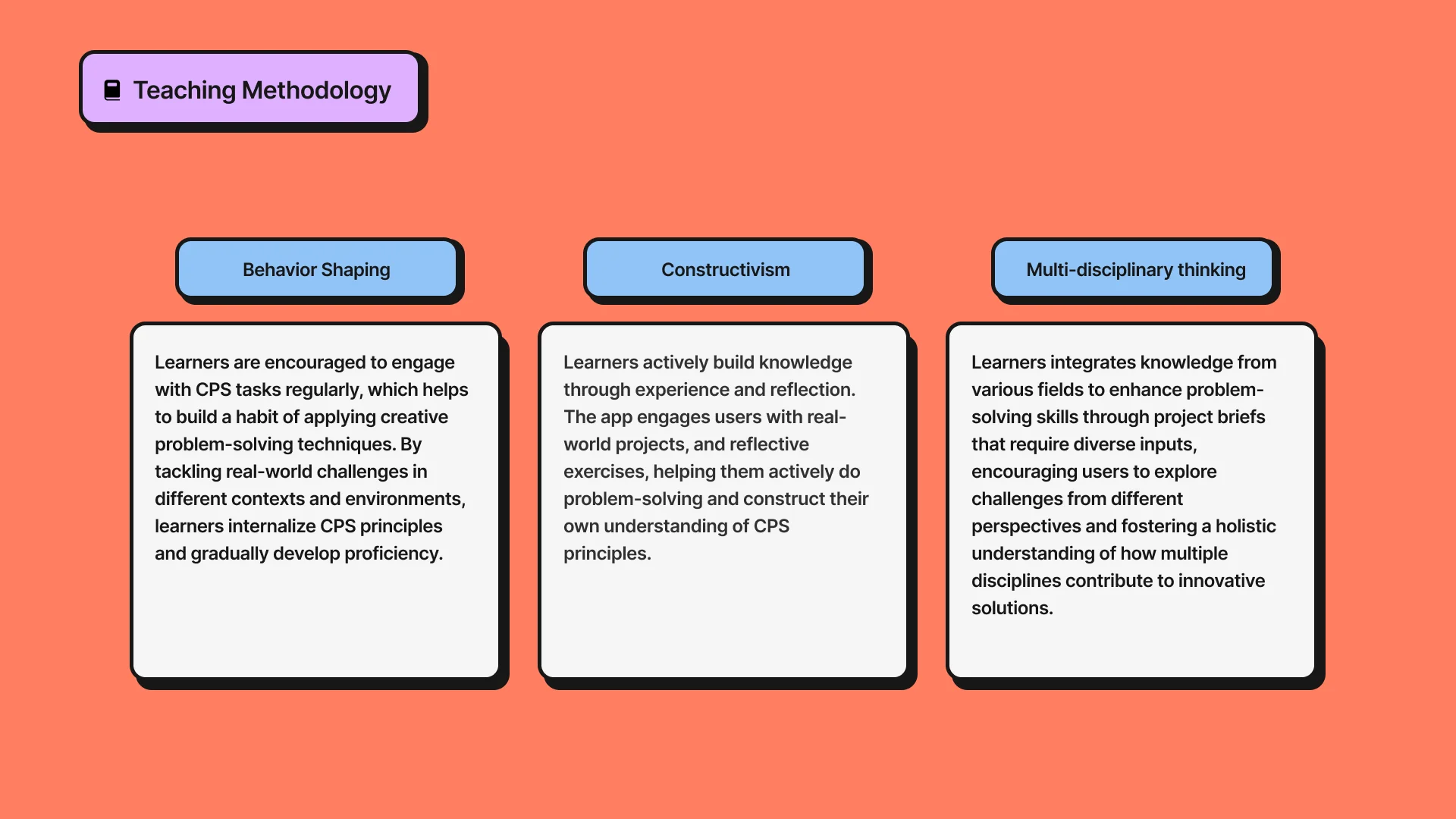 Teaching methodology framework showing three learning theory pillars: Behaviour Shaping, Constructivism, and Multi-disciplinary Thinking on a coral background