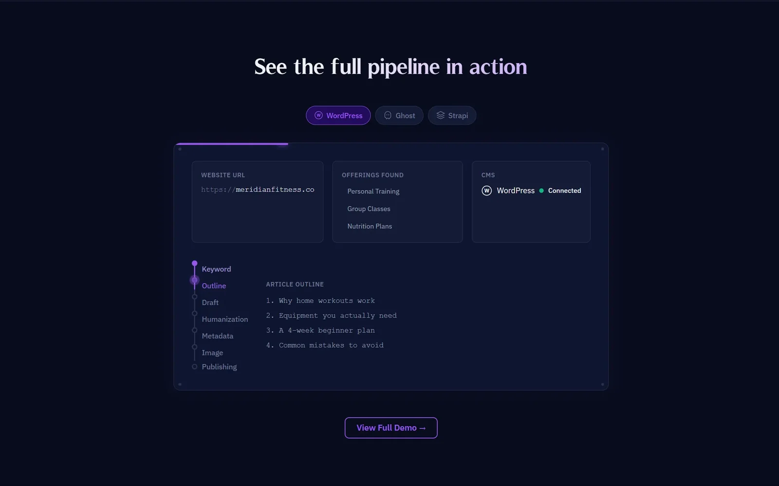 Homepage pipeline demo showing the content planning flow for a sample business