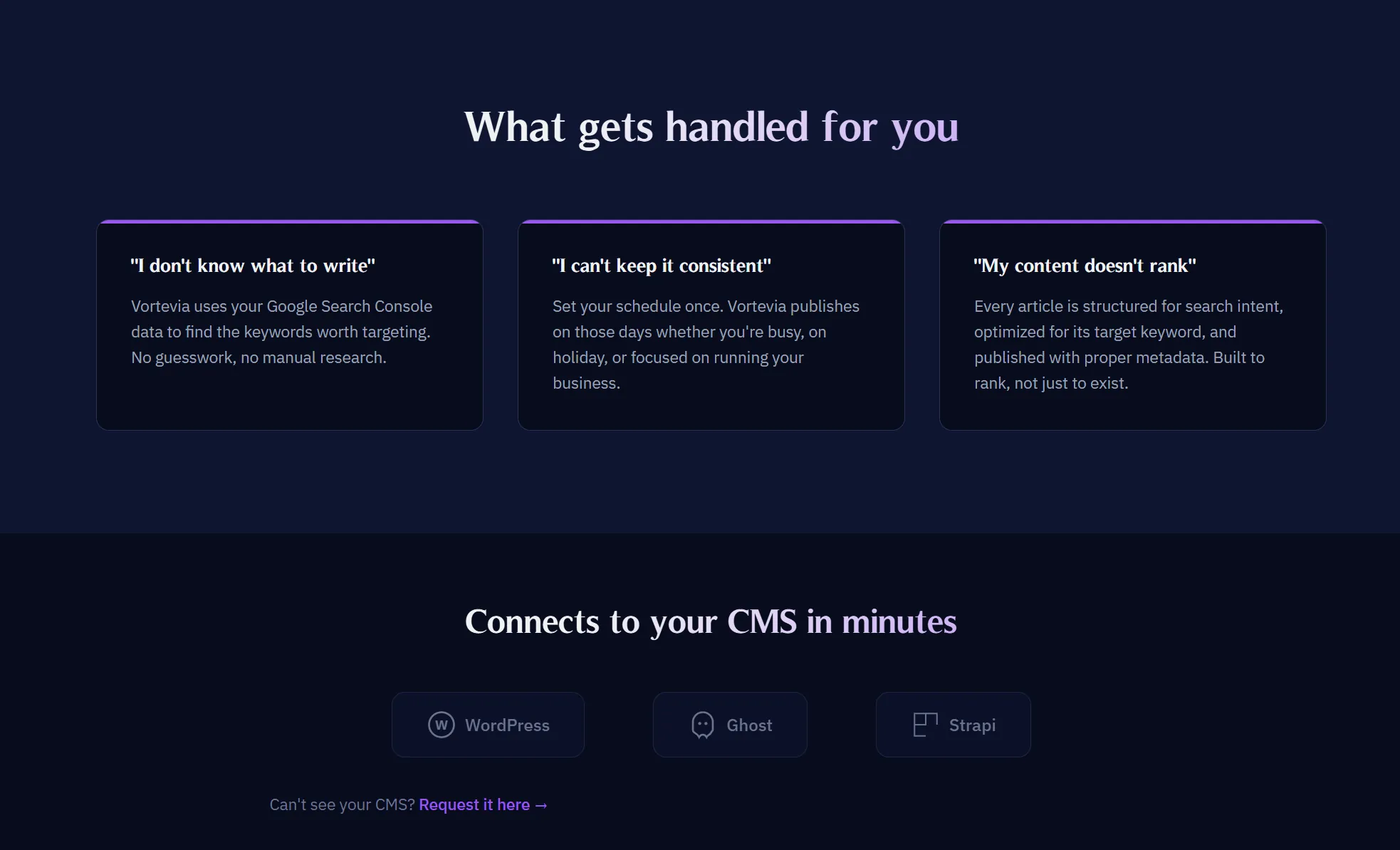 What gets handled for you — three objection cards on the Vortevia homepage