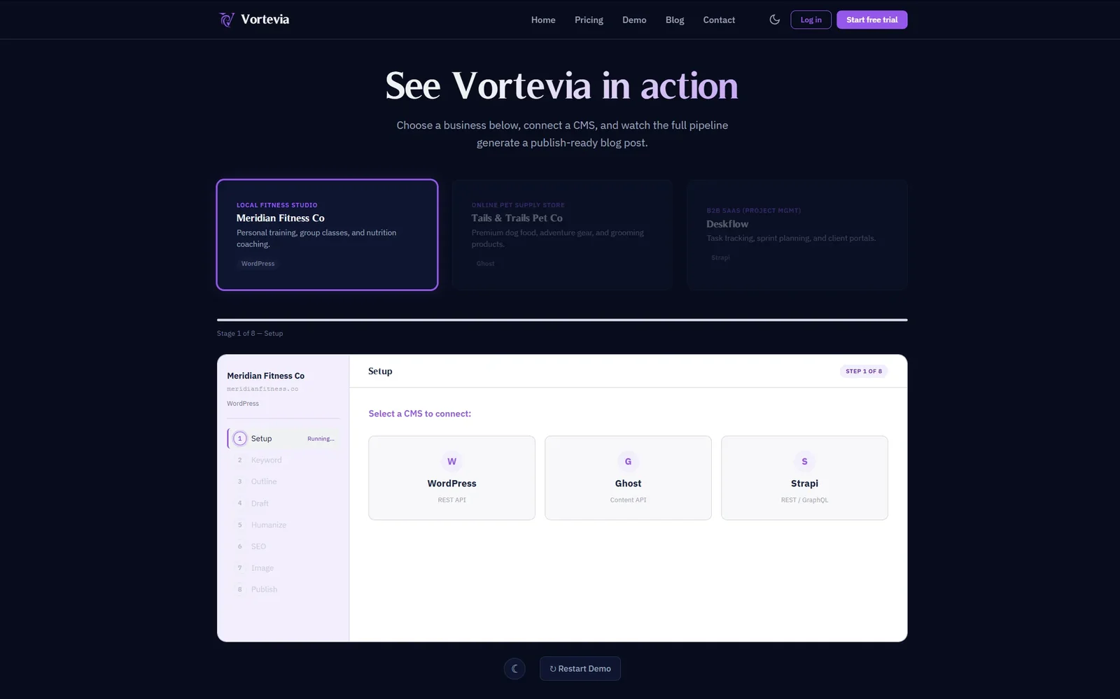 Vortevia interactive demo page showing the three fictional businesses and the 8-stage pipeline